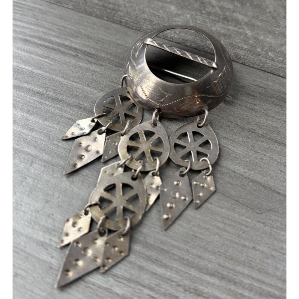 Vintage Norway 830S Silver Sami Risku Brooch Pin Sun Wheel Solje Folk Jewelry 4”